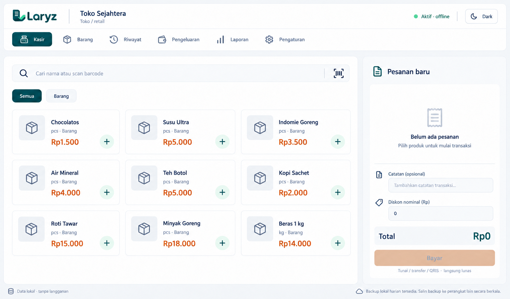 Tampilan kasir Laryz POS: katalog barang dan panel pesanan dalam mode terang